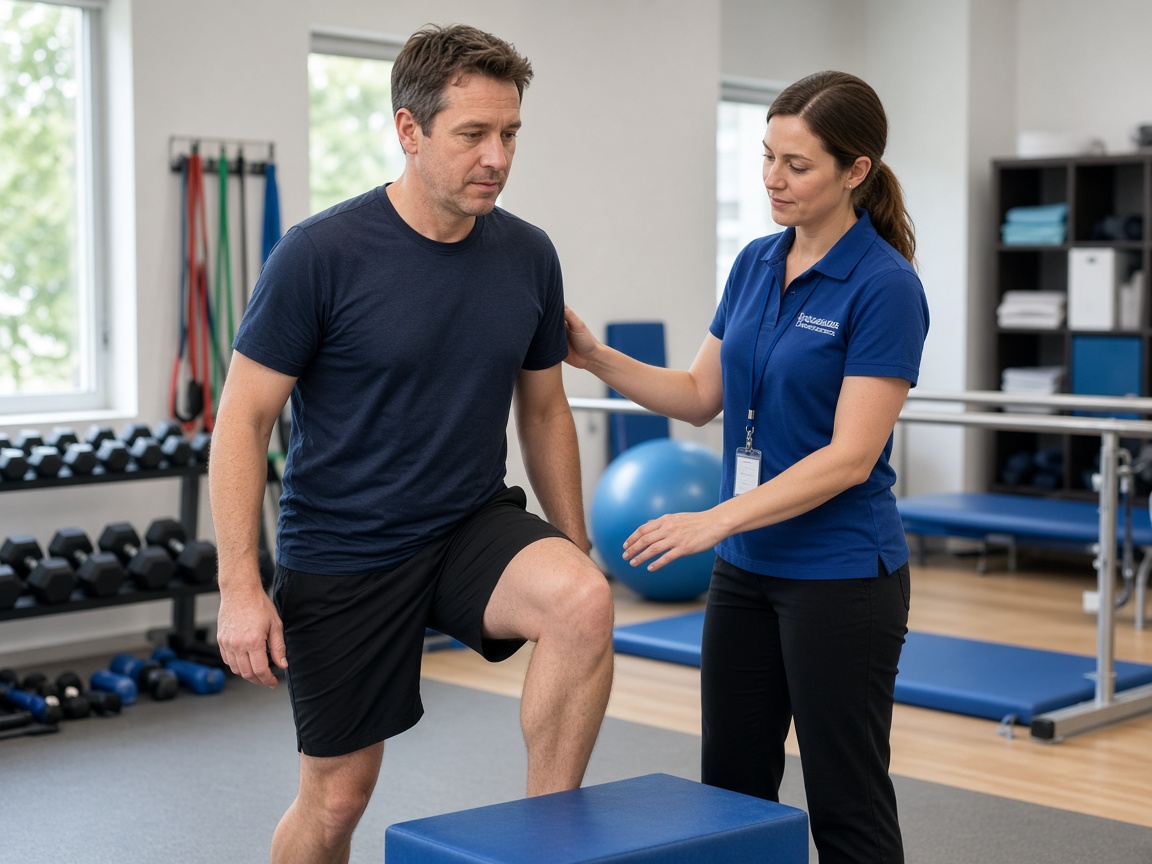 Therapist guiding a patient through rehabilitation exercises